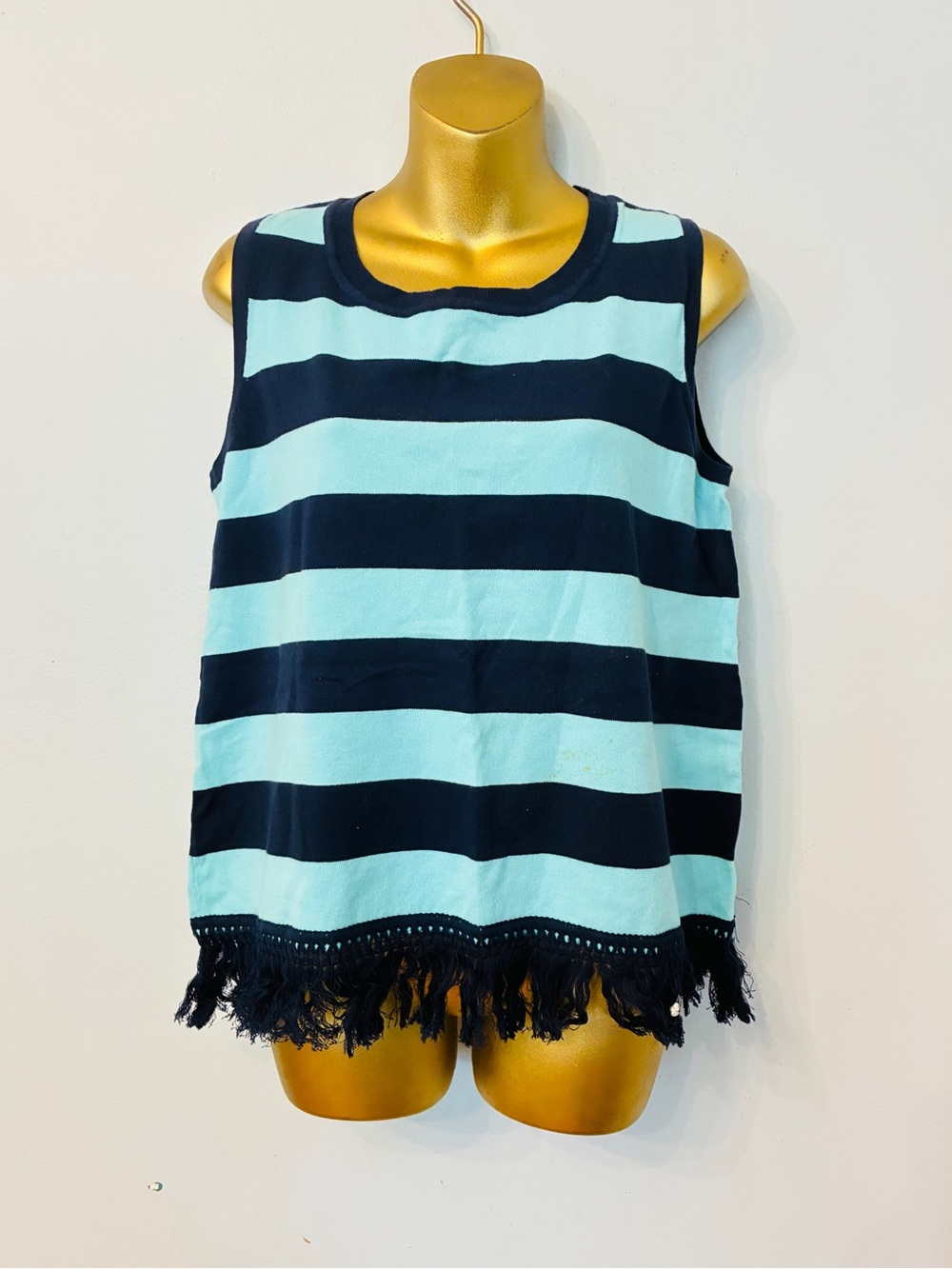 Sail to Sable Blue Stripe Fringe Sleeveless Knit Tank Top Medium Coastal Prep - Picture 2 of 5